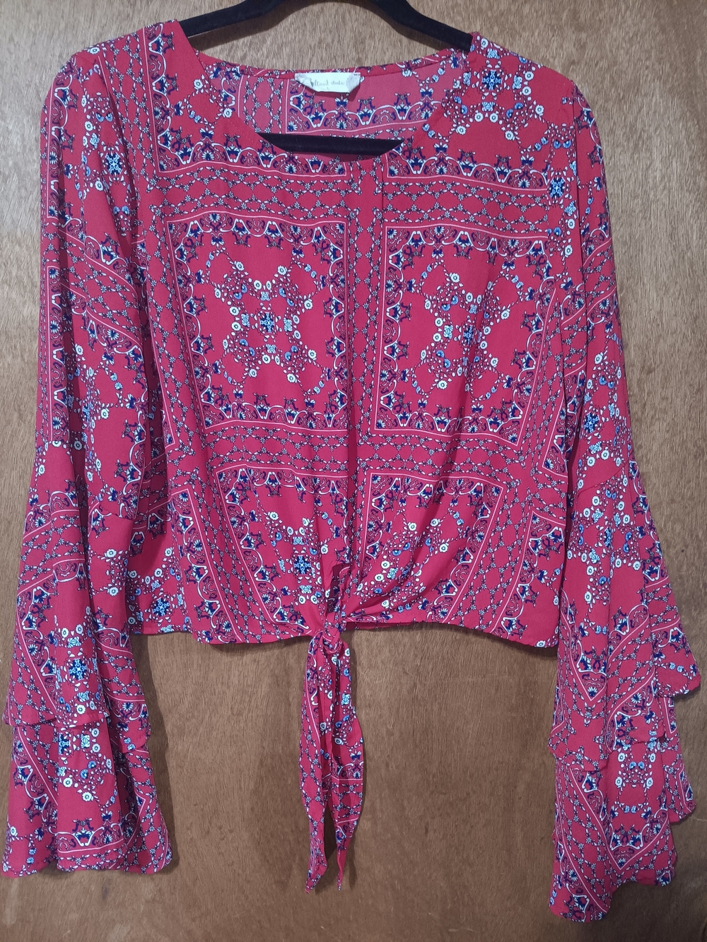 Altar'd State Pink Printed Tie-Front Bell Sleeve Blouse